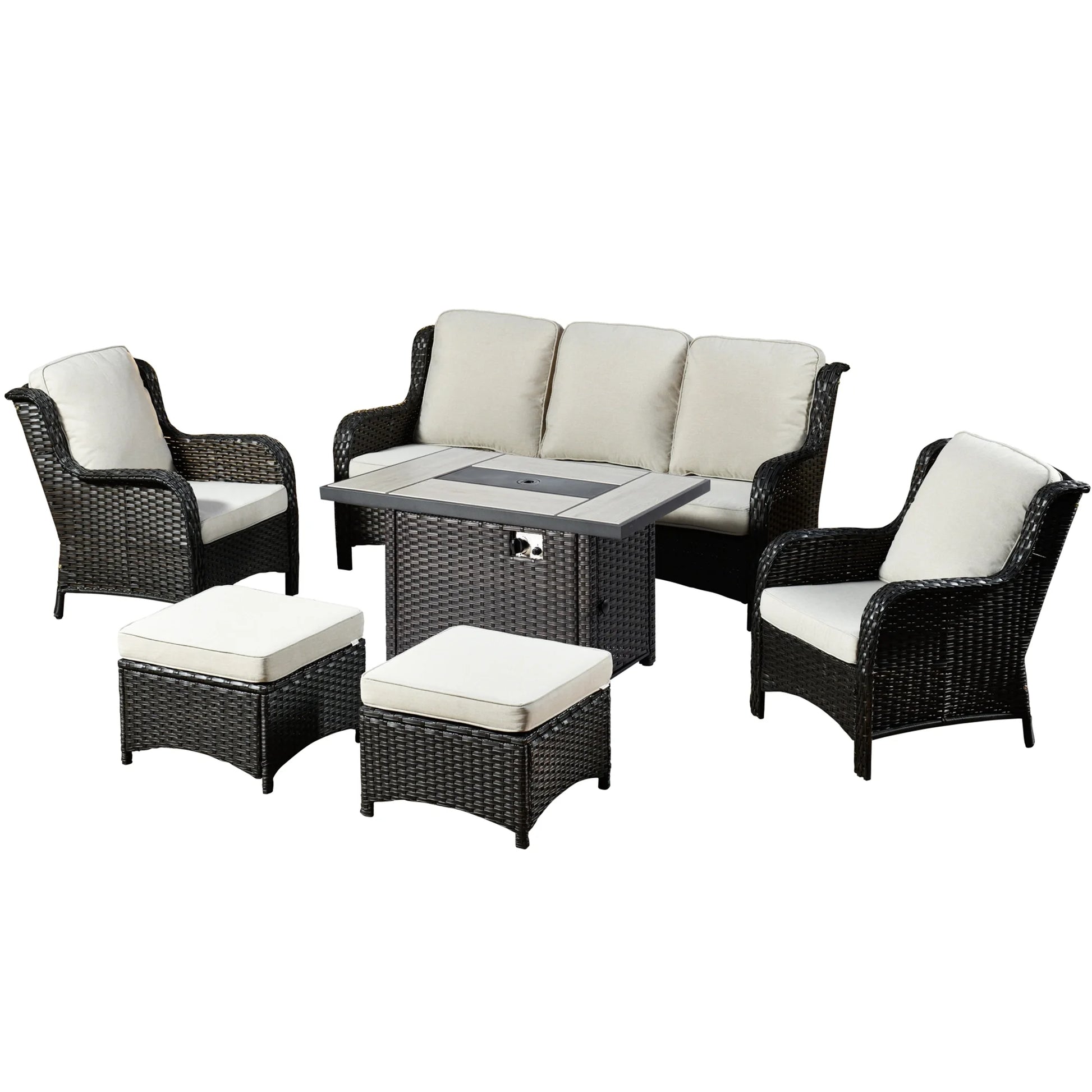 Ovios 6 Pieces Outdoor Furniture with CSA Fire Pit Wicker Patio Conversation Set All Weather Sectional Sofa for Porch