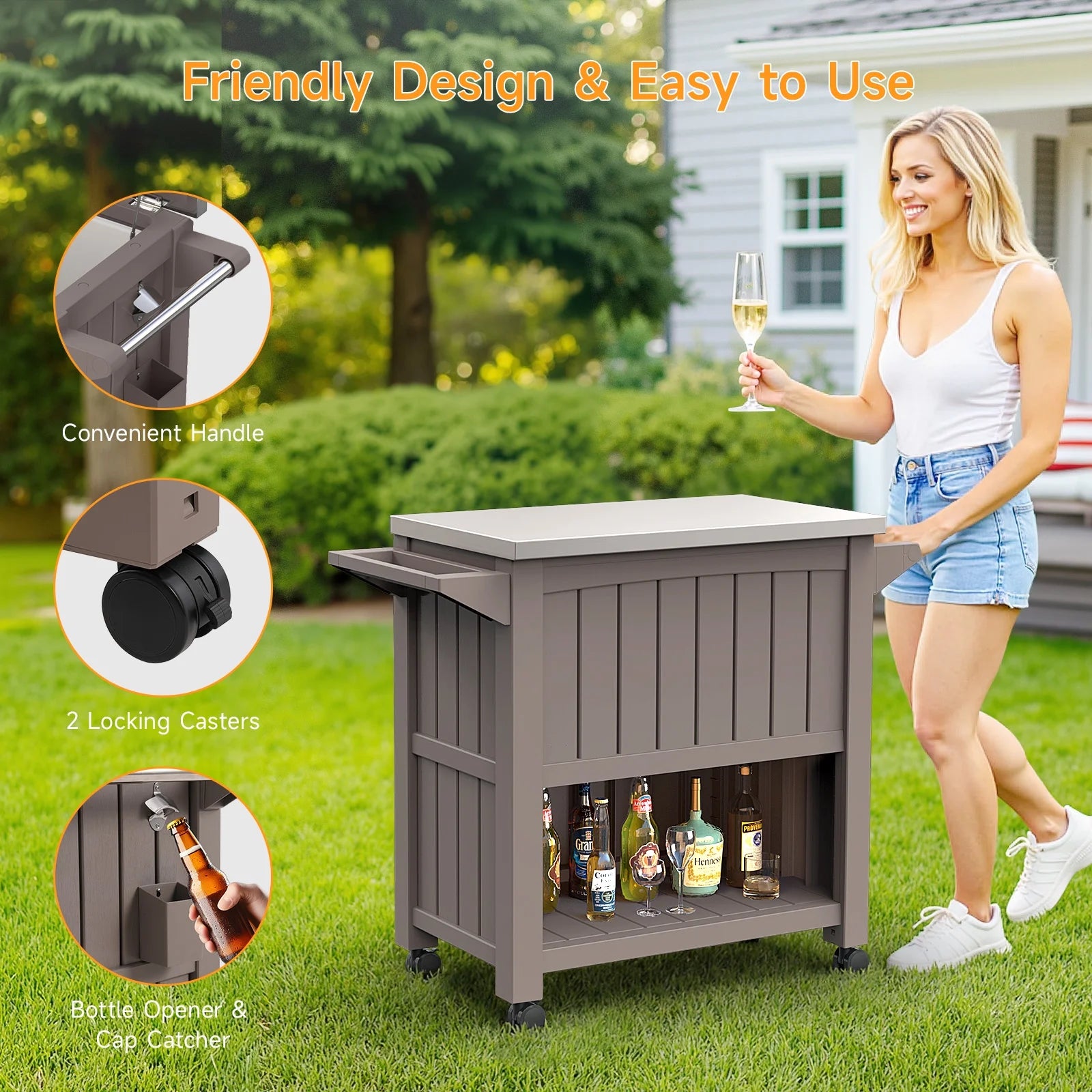 Dovov Portable Outdoor Patio Cooler Cart, 120 Quart Rolling Ice Chest Beverage Bar Cart Cooler with Wheels, Stainless Steel Lid, Bottle Opener, and Bottom Storage Shelf
