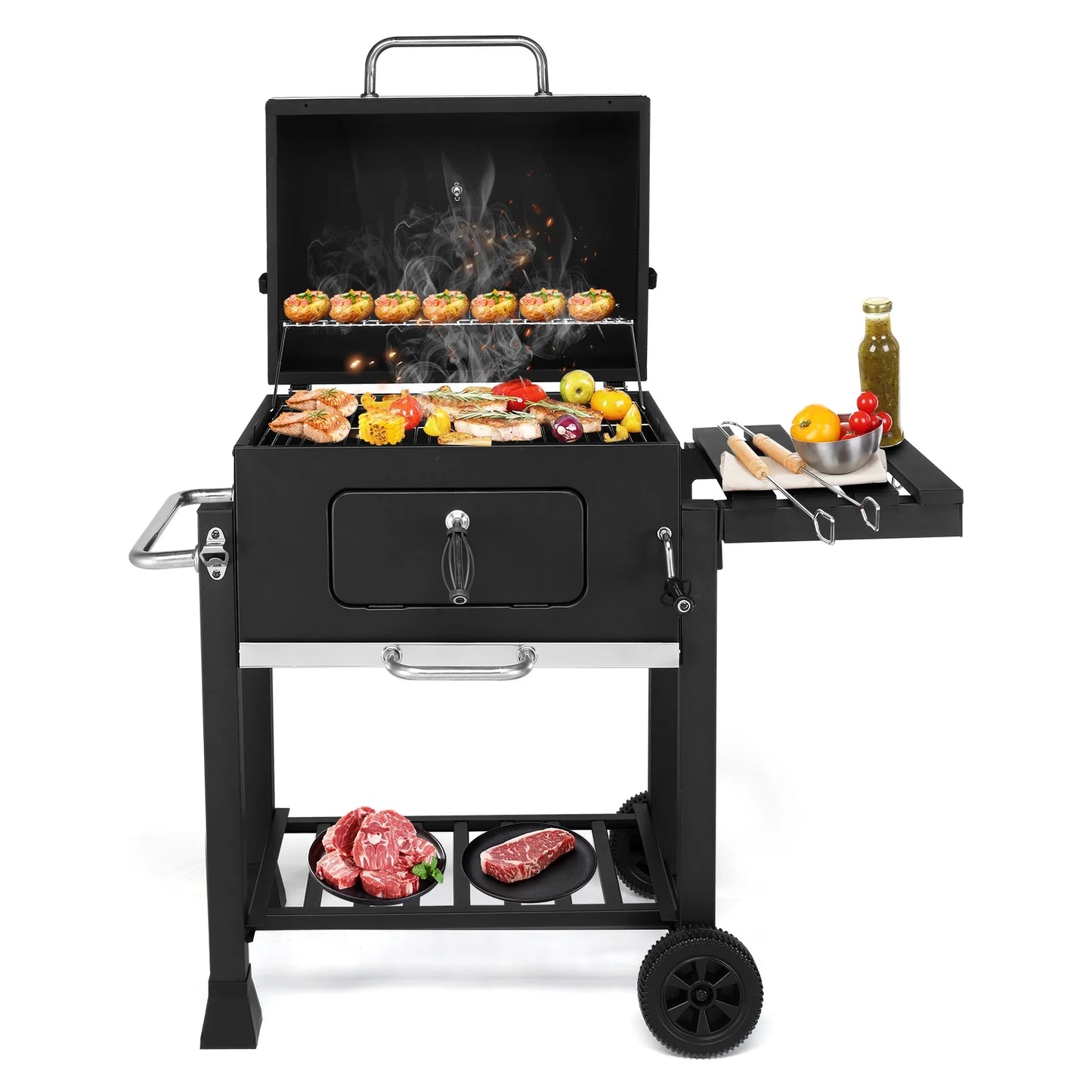 Seizeen Charcoal Grill, 42.5''H Portable BBQ Grill on Wheels, Heavy-duty Outdoor Grill w/2 Grill Area, Adjustable Pan & Foldable Side Table, Picnic Patio Garden and Backyard Grilling