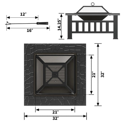 Lacoo 32" Patio Square Fire Pit Table for Patio Backyard BBQ, Ice Storage with Mesh Lid, Poker and Cover, Black