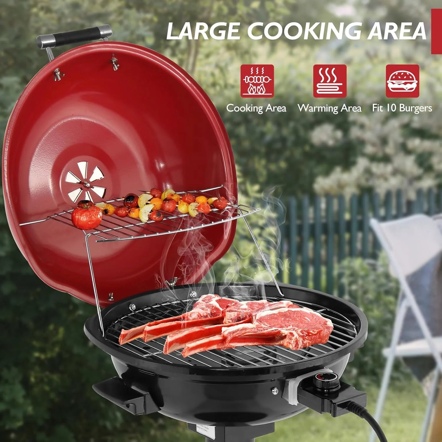 WgoodW Indoor/Outdoor Electric Grill, 1600W Portable Removable Stand Grill with Double Layer Design for BBQ, Patio & Backyard (Red)