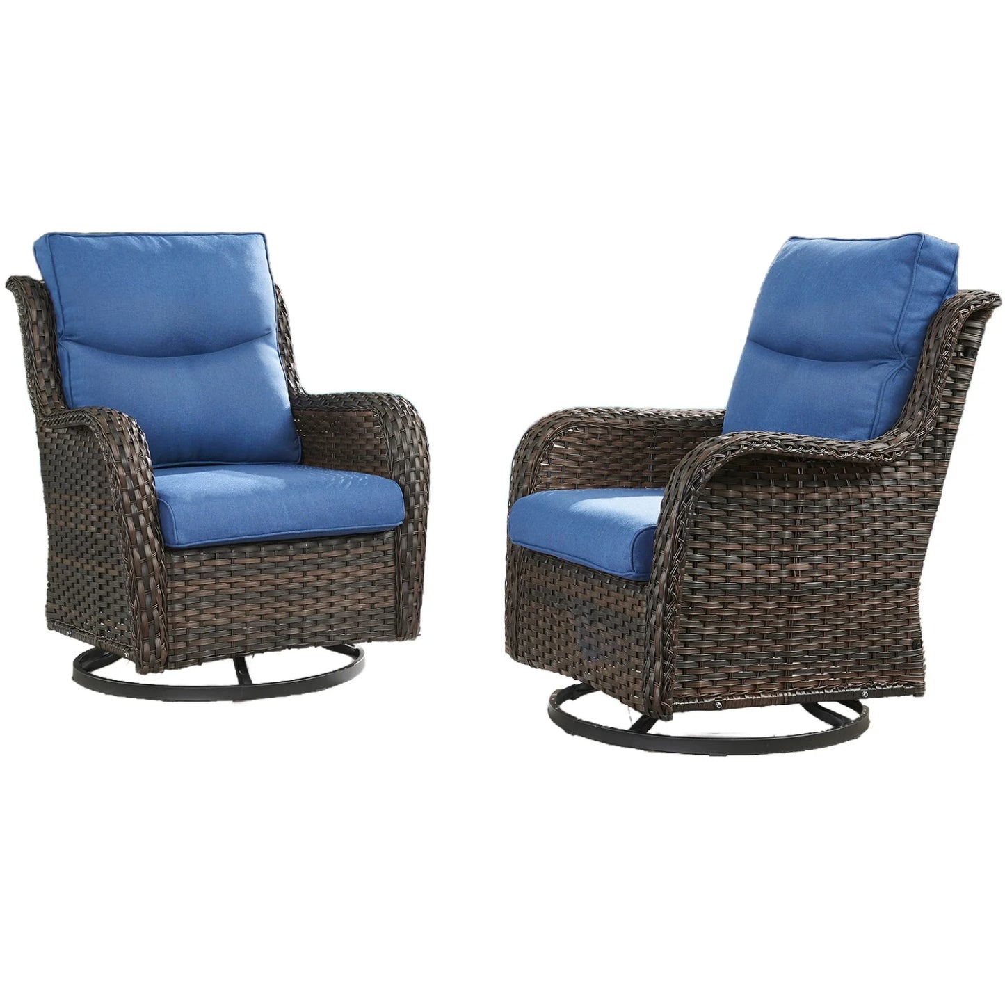 Gymojoy High Back Outdoor Swivel Rocker Patio Chairs Set of 2, All Weather Swivel Patio Glider Chairs with Thick Cushions for Porch, Poolside, Deck,Brown/Blue