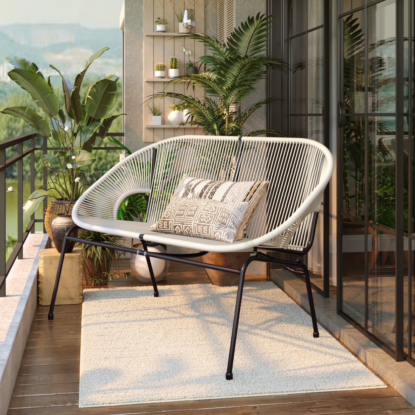 Aspen Modern Outdoor Patio Basket Loveseat, Hammock Weave Design, Metal Frame, Green