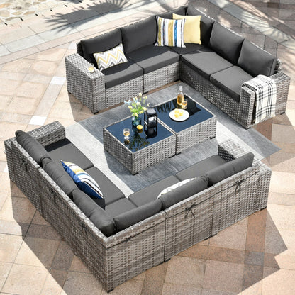 Ovios 12 Pieces Outdoor Furniture All Weather Wicker Patio Conversation Sectional Sofa Set with Side Table for Garden Backyard