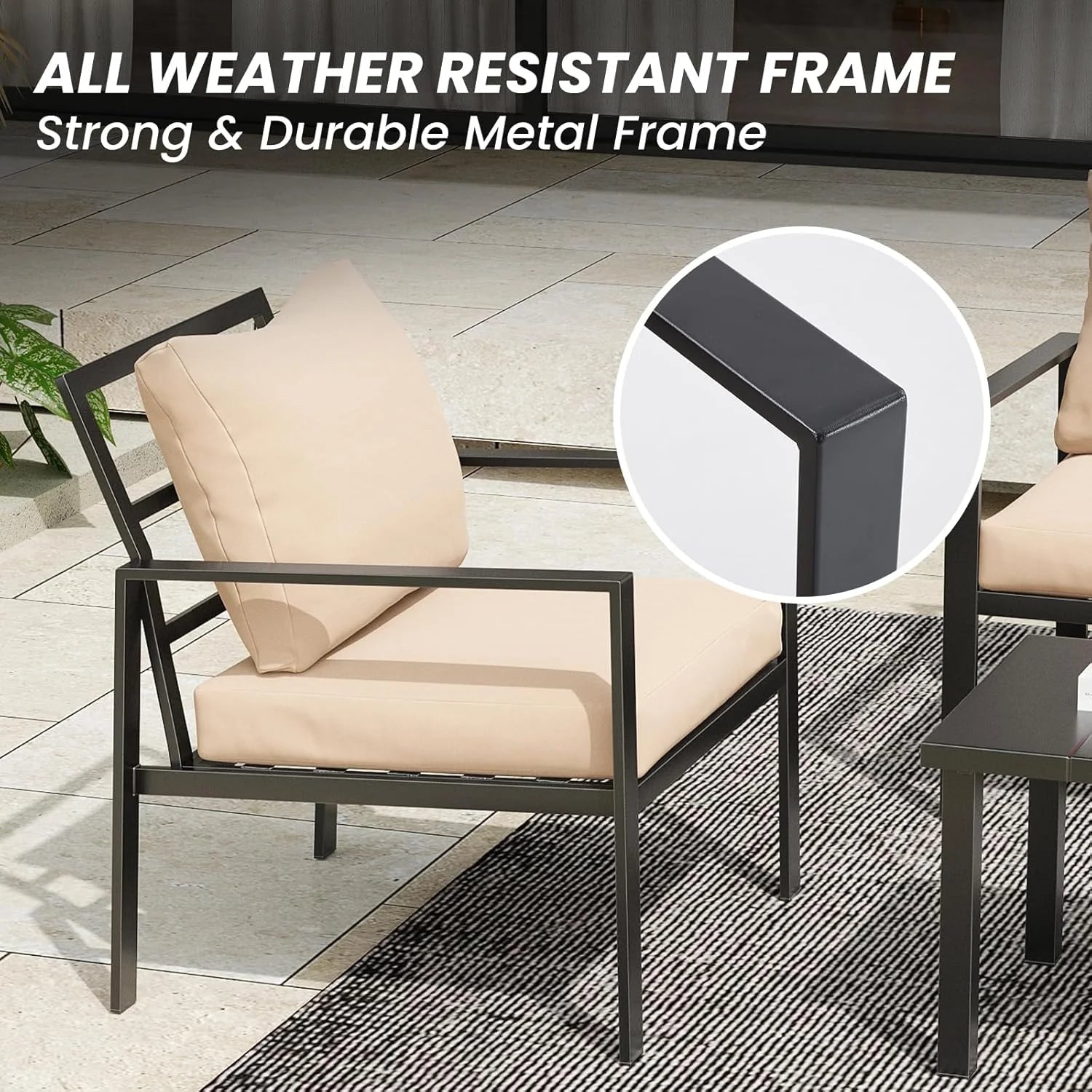 Farini Outdoor conversation sets, 4 Pieces Metal Patio Furniture Set with 2 Single Chairs, 3-Seat Sofas & Coffee Table, for Garden, Backyard, Balcony (Beige)