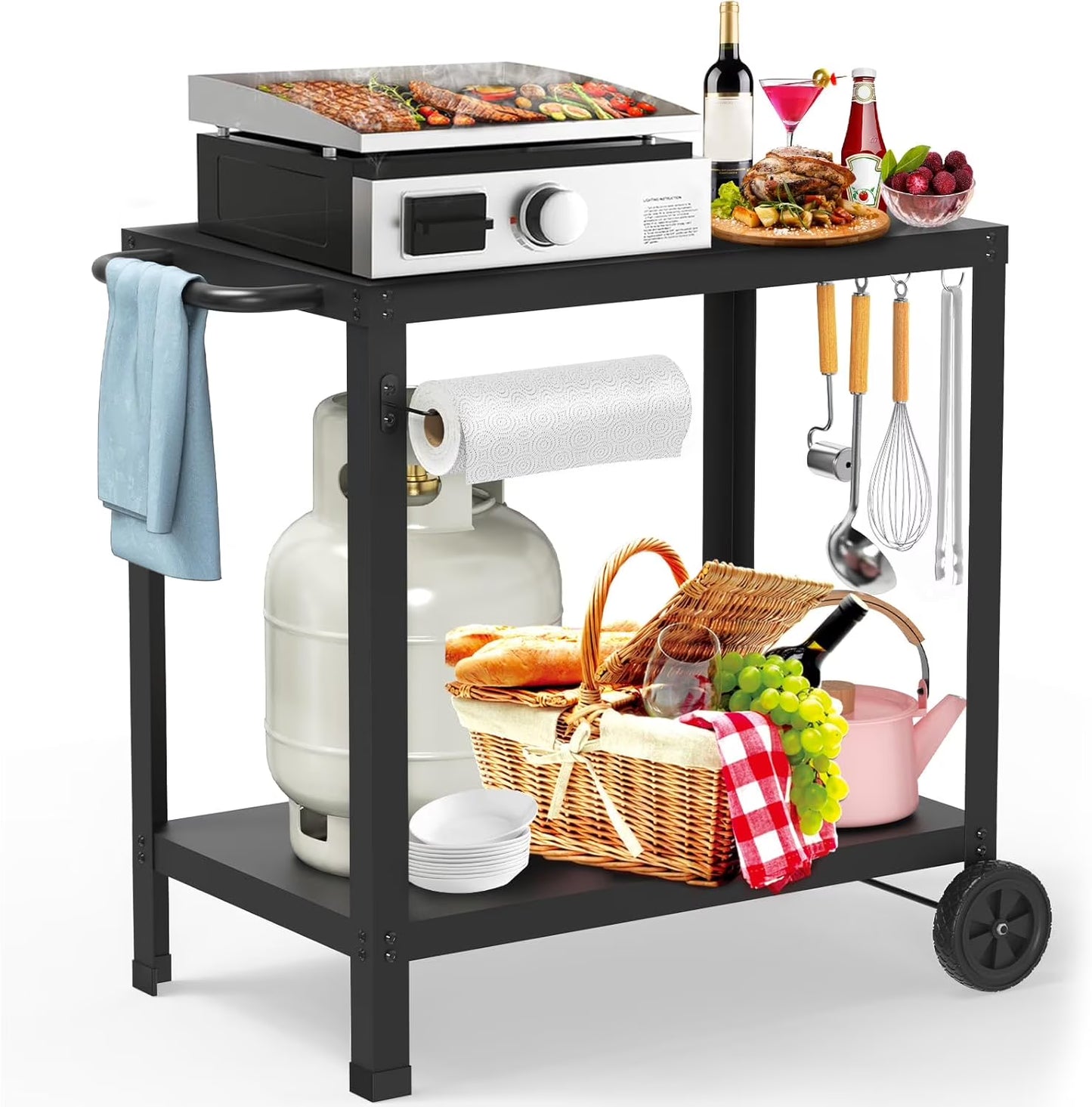 32x20IN Double-Shelve Grill Table, Stainless Steel Outdoor Grill Cart for Blackstone Griddle, Movable Pizza Oven Table for Outside Patio, Kitchen Cooking Food Prep Table for Party