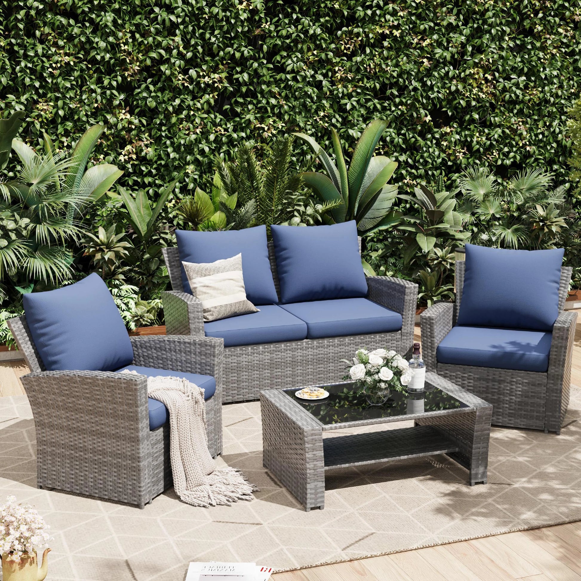 UDPATIO Wicker Patio Furniture Set, 4 Piece Outdoor Sectional Conversation Sets, Gray PE Rattan Patio Sofa Set for Balcony, Porch, Backyard, Grey