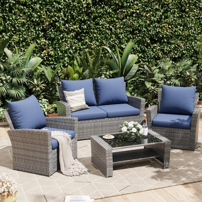 UDPATIO Wicker Patio Furniture Set, 4 Piece Outdoor Sectional Conversation Sets, Gray PE Rattan Patio Sofa Set for Balcony, Porch, Backyard, Grey