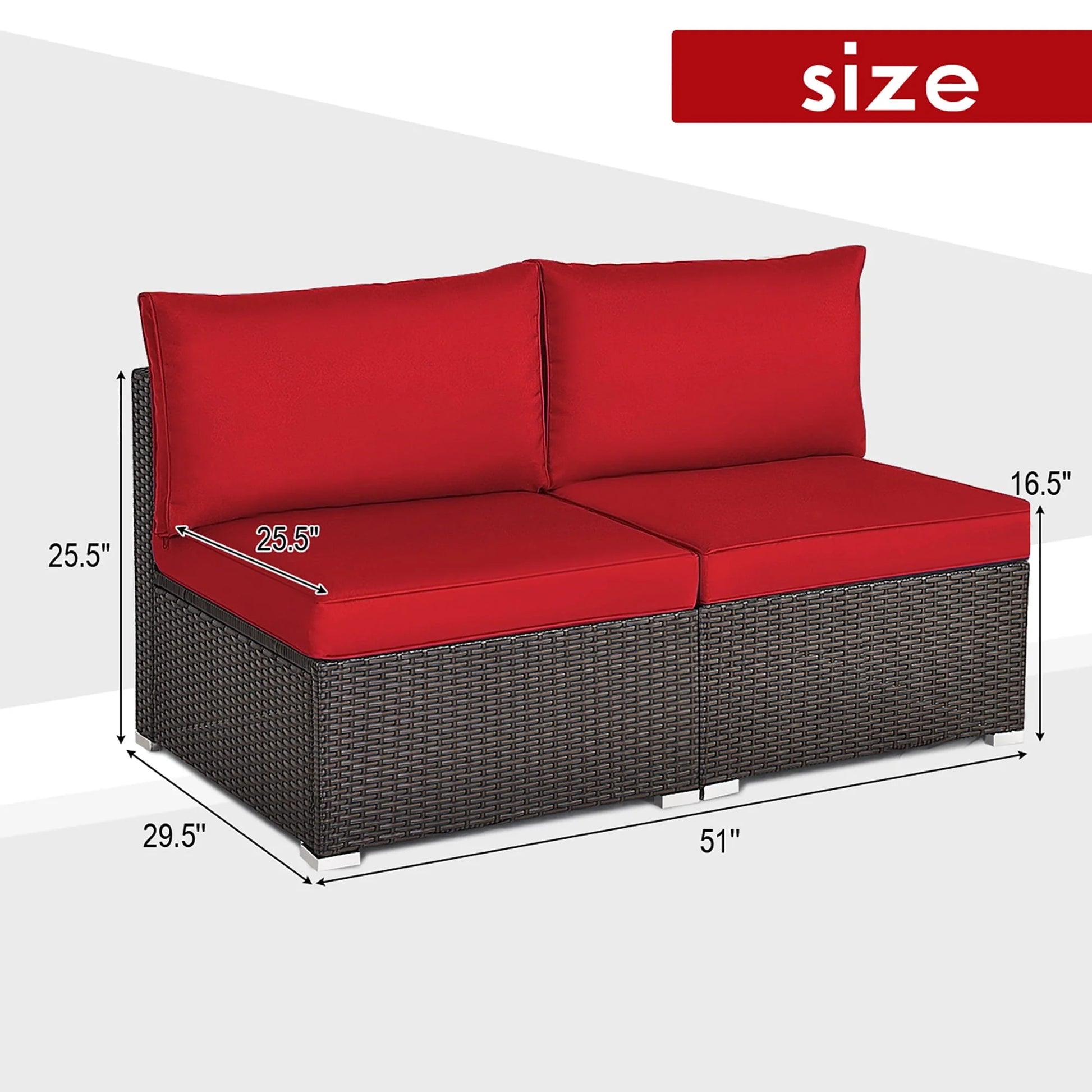 Costway 2PCS Patio Rattan Armless Sofa Sectional Conversation Furniture Set W/Cushion Red
