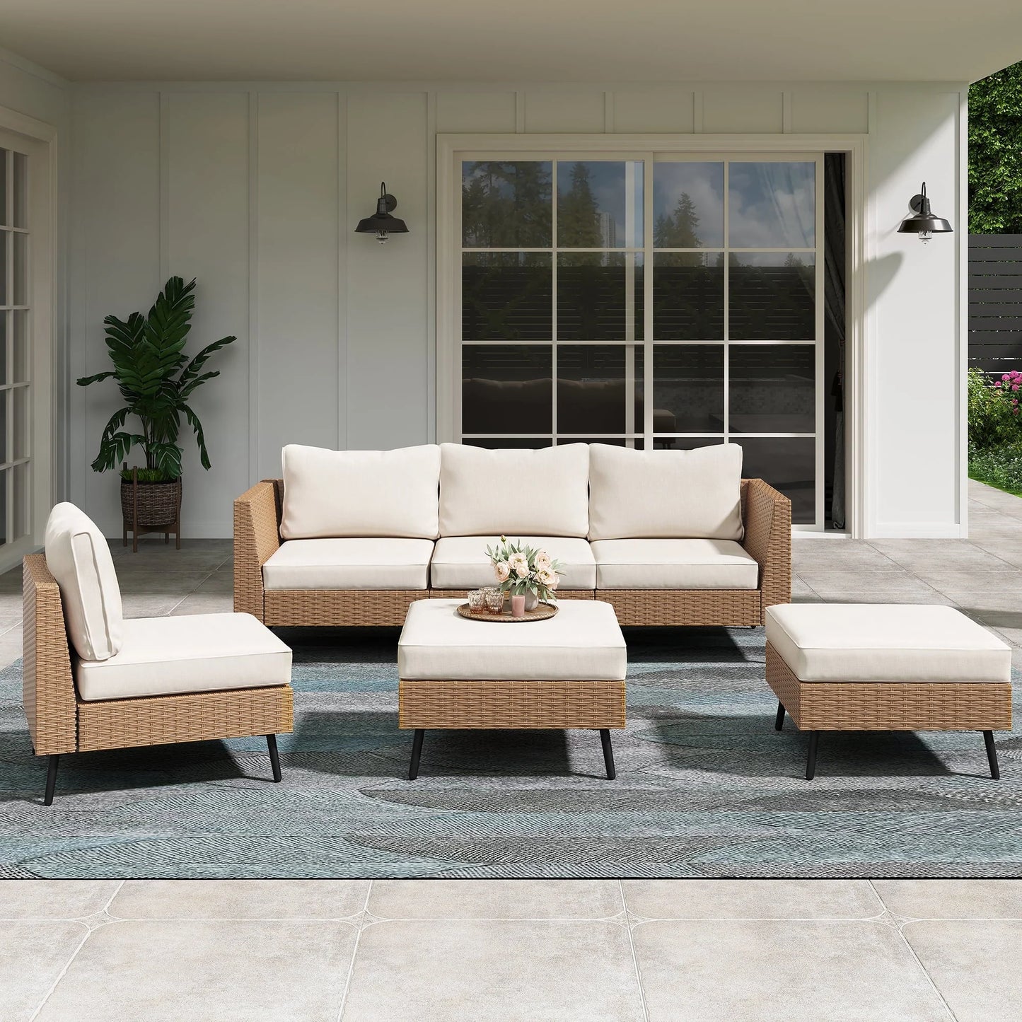 LAUSAINT HOME 6 Pieces Patio Conversation Set, Outdoor Sectional Wicker Sofa PE Rattan Furniture Set with Thick Cushions, Beige