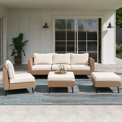 LAUSAINT HOME 6 Pieces Patio Conversation Set, Outdoor Sectional Wicker Sofa PE Rattan Furniture Set with Thick Cushions, Beige
