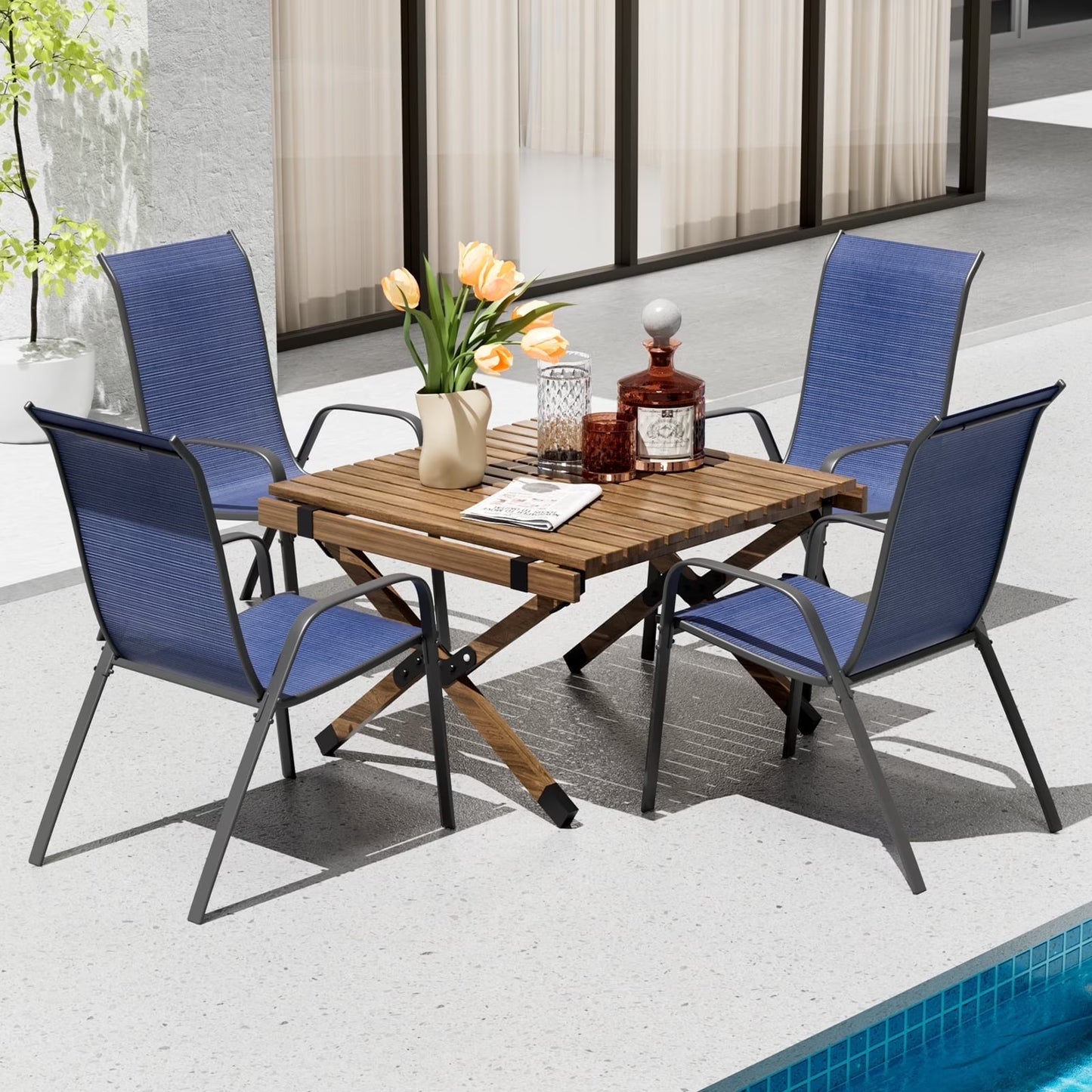 Pirecart Set of 4 Patio Dining Chairs, Textilene Outdoor Stacking Chairs for Poolside, Backyard, Garden