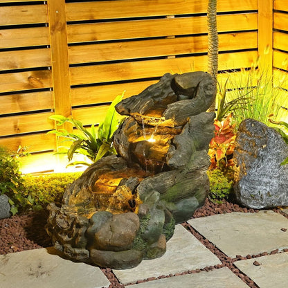 Outdoor Fountain Cascading Tiered Wood River Water Fountain with LED Lights for Garden, Patio, Backyard, Deck, Porch and Home Art Decor
