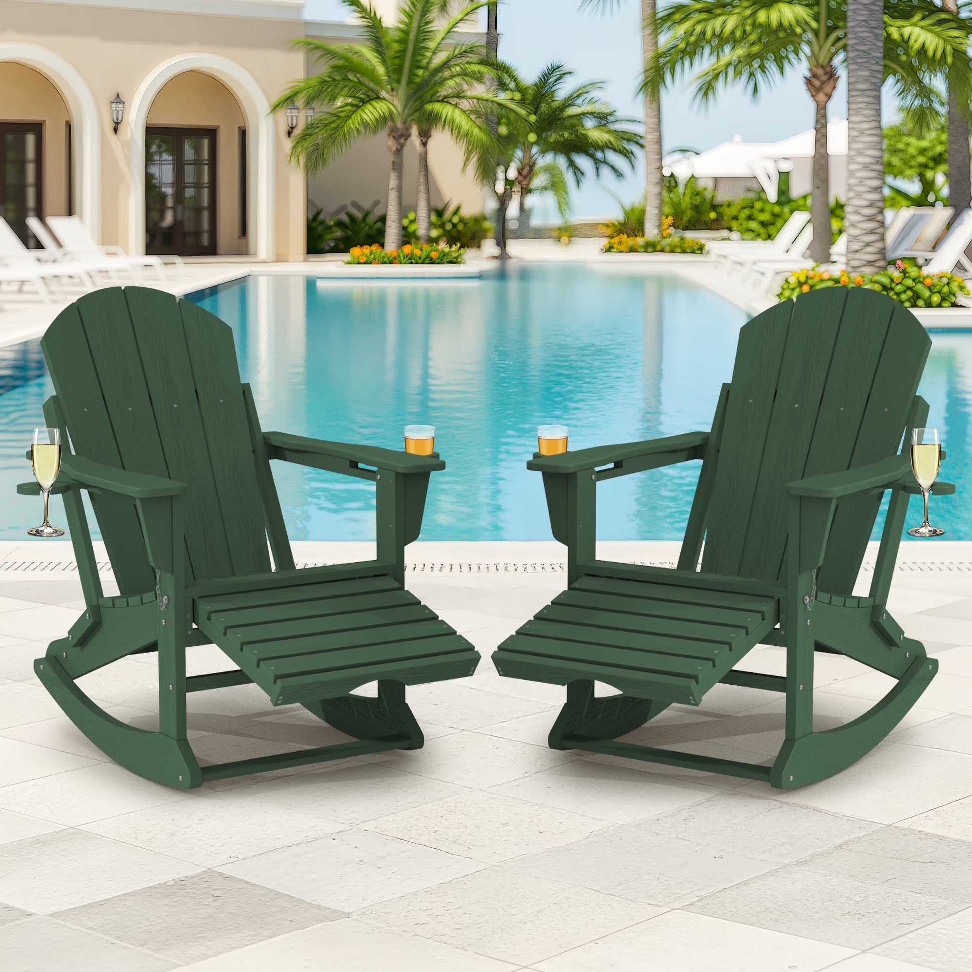 KINGYES Folding Adirondack Rocker Chair Set of 2 W/Footrest & Dual Cup Holders, HDPE Outdoor Patio Rocking Chair, Black