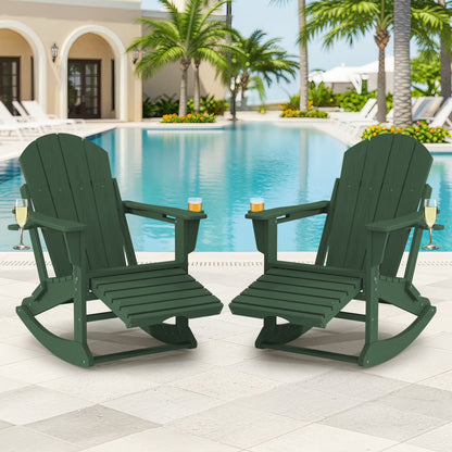 KINGYES Folding Adirondack Rocker Chair Set of 2 W/Footrest & Dual Cup Holders, HDPE Outdoor Patio Rocking Chair, Black