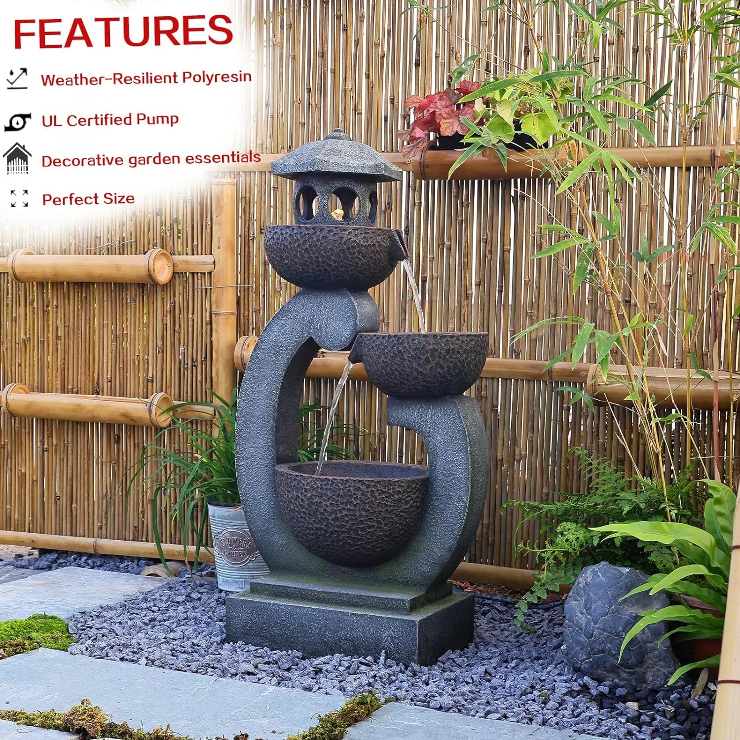Water Fountain Tranquil Zen Pagoda Waterfalls Fountains Bowl with LED Lights for Patio Yard Porch Pool Decor