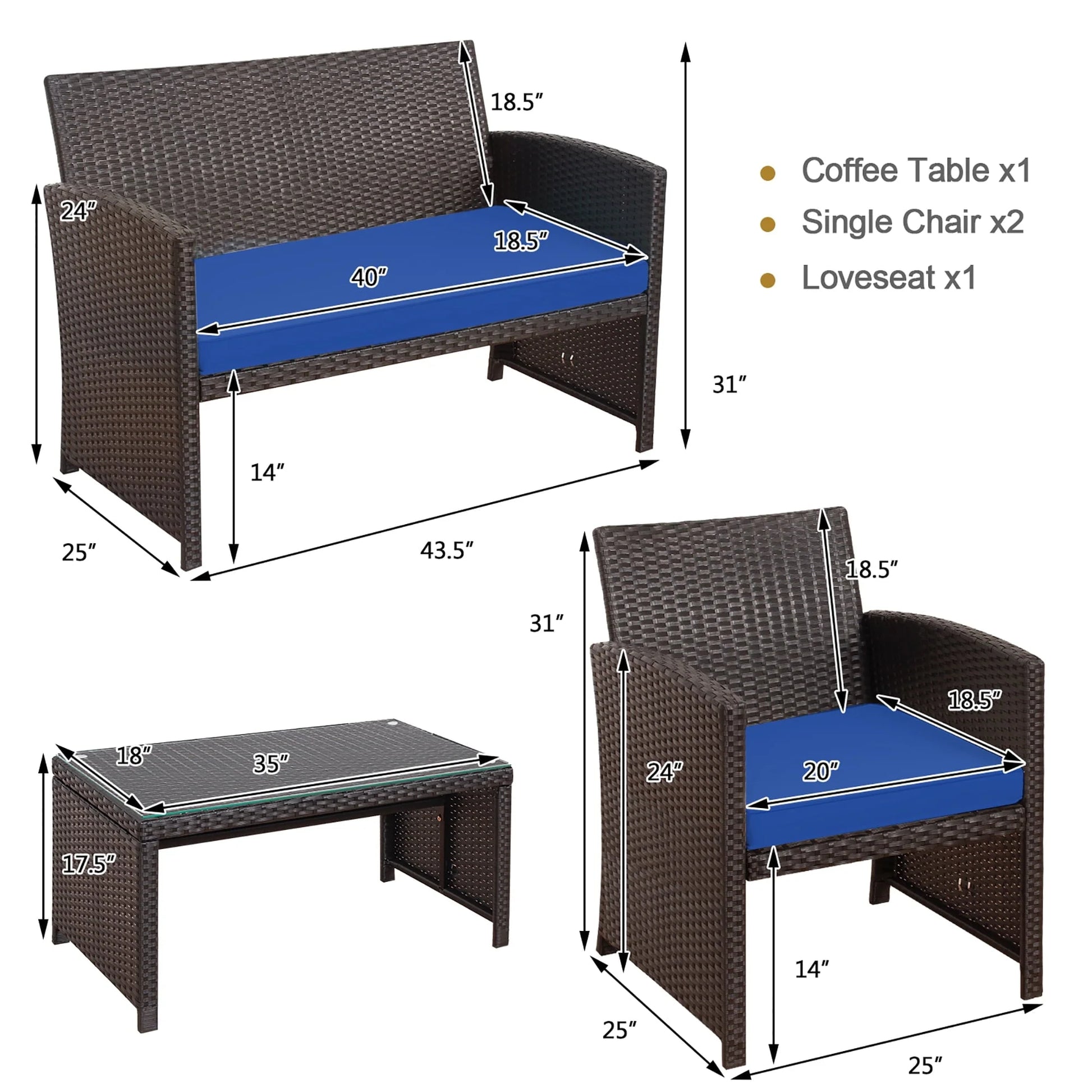 Gymax 4PCS Patio Conversation Set Outdoor Rattan Furniture Set w/Navy Cushions