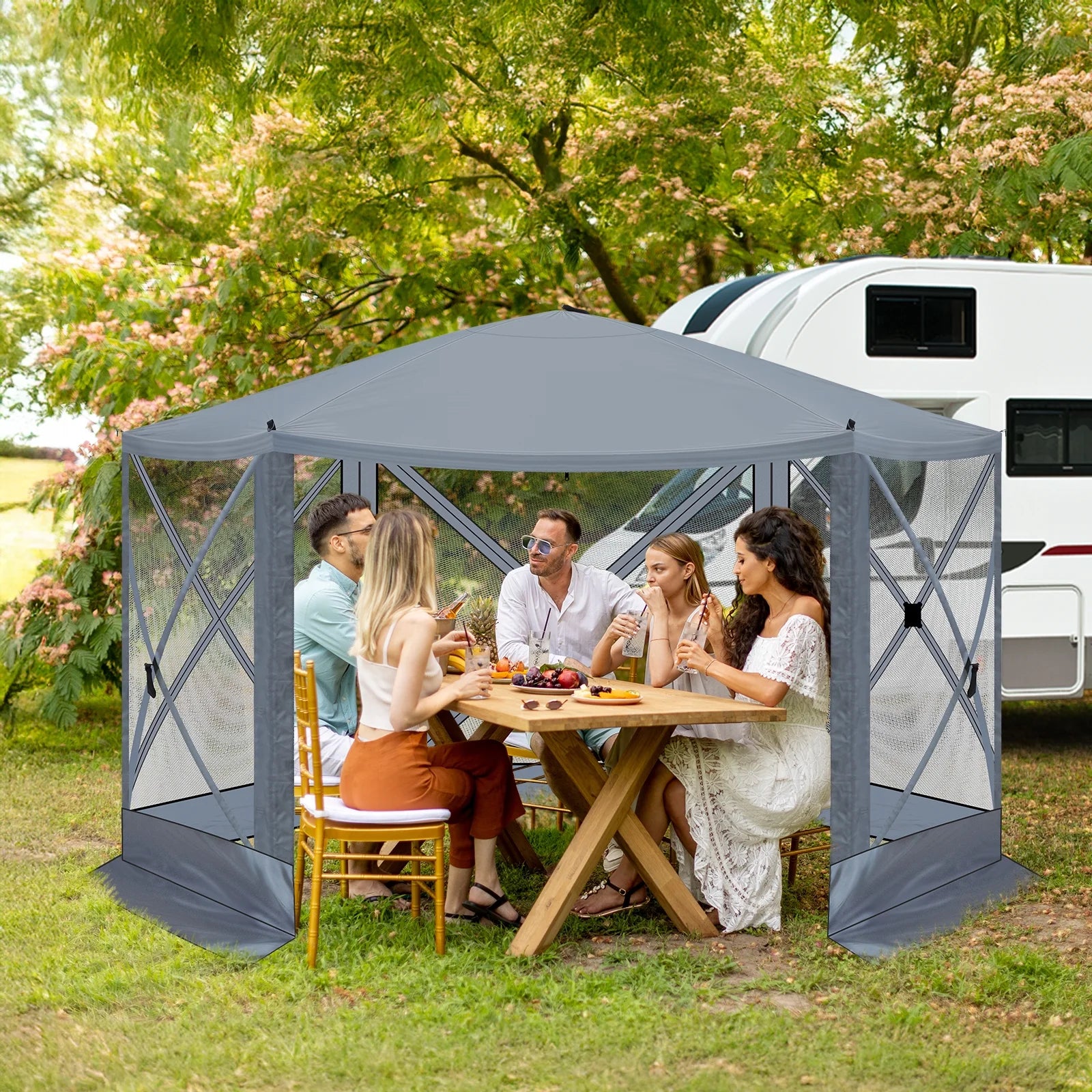 12'x12' Outdoor Pop-Up Canopy Tent - Dark Gray UV & Waterproof Gazebo with Mesh Sidewalls for Camping, Patio, Backyard - Easy 60-Sec Setup
