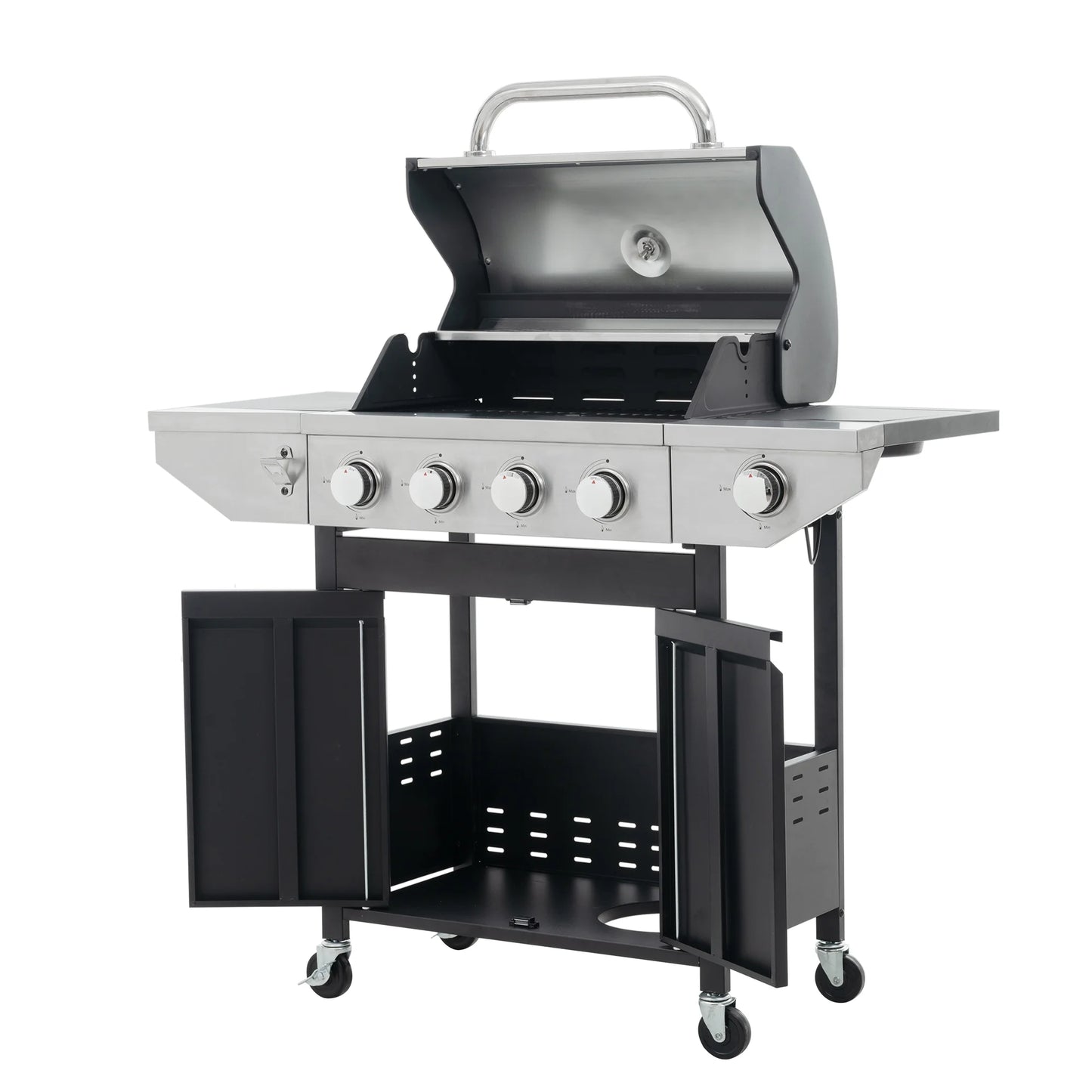 Propane Gas BBQ Grill with Side Burner 42,000 BTU Output Stainless Steel 4-Burners for Outdoor Cooking Kitchen Patio Backyard Barbecue, Silver