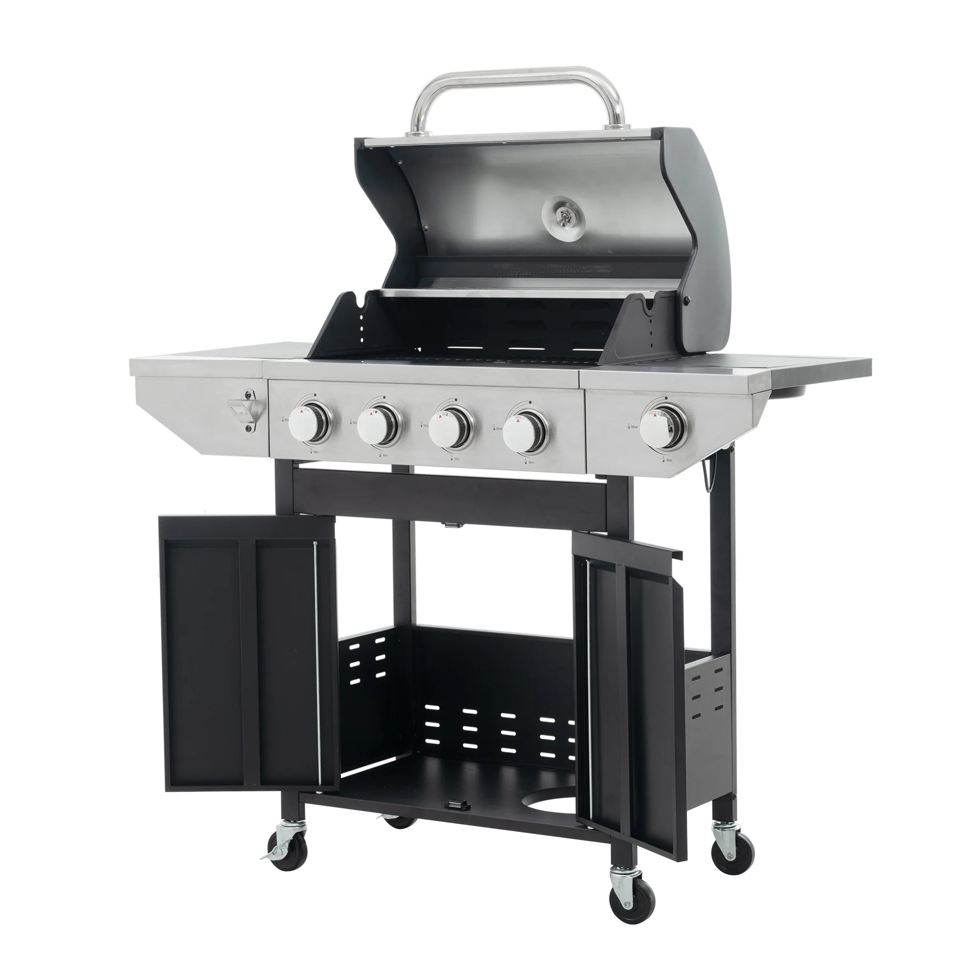 Propane Gas BBQ Grill with Side Burner 42,000 BTU Output Stainless Steel 4-Burners for Outdoor Cooking Kitchen Patio Backyard Barbecue, Silver