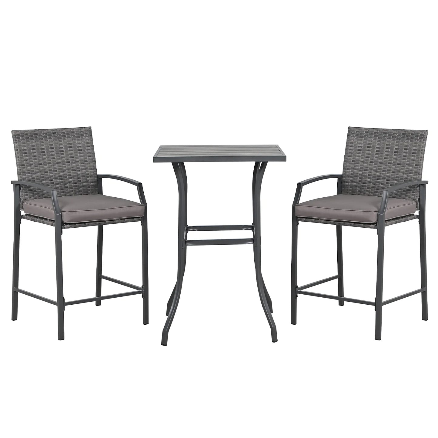 OC Orange-Casual Patio Bar Set, All-Weather Wicker, 2 Height Rattan Bar Stools with Wood Grain Top Coffee Table, for Porch, Garden, Bistro, Grey Cushion, 3-Piece
