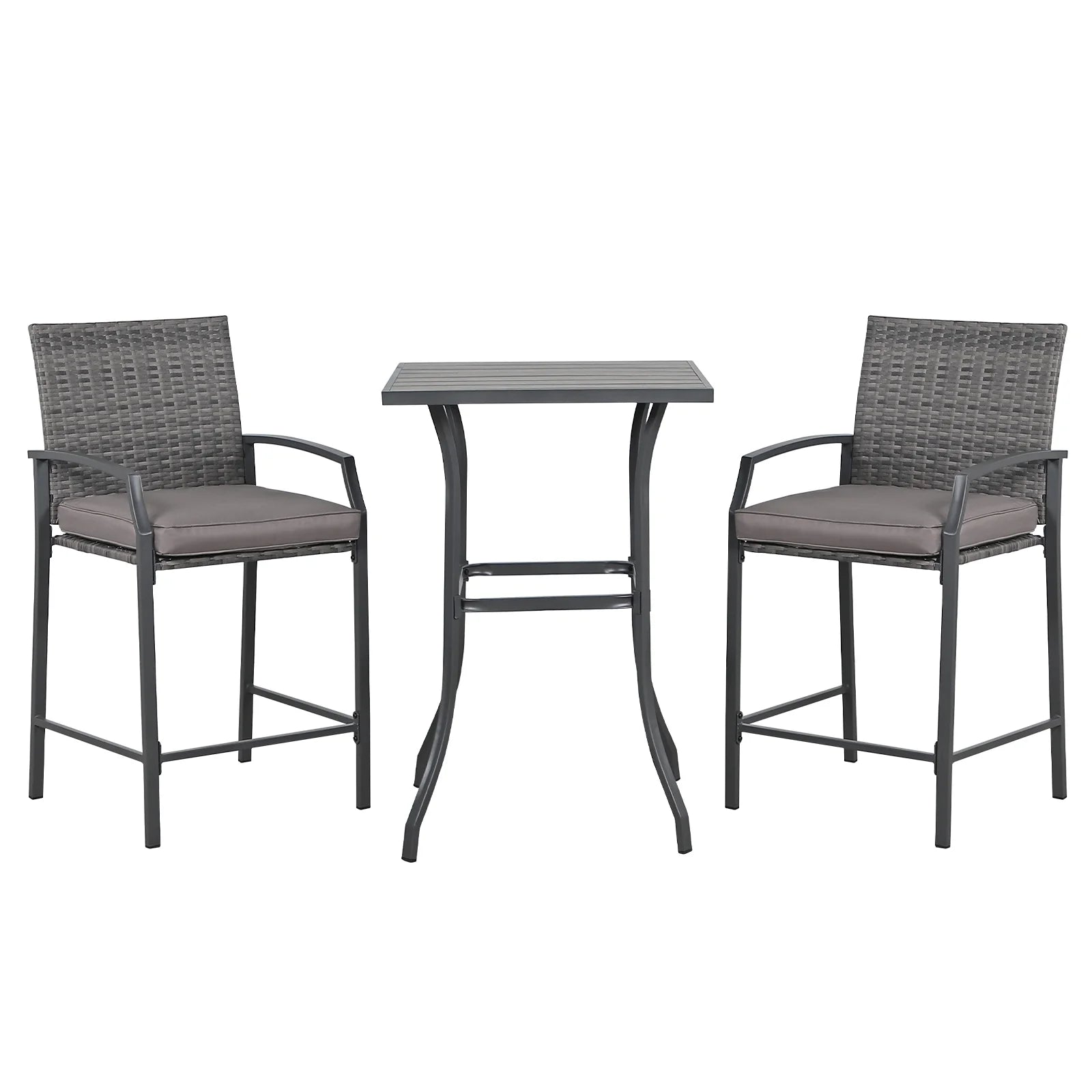 OC Orange-Casual Patio Bar Set, All-Weather Wicker, 2 Height Rattan Bar Stools with Wood Grain Top Coffee Table, for Porch, Garden, Bistro, Grey Cushion, 3-Piece