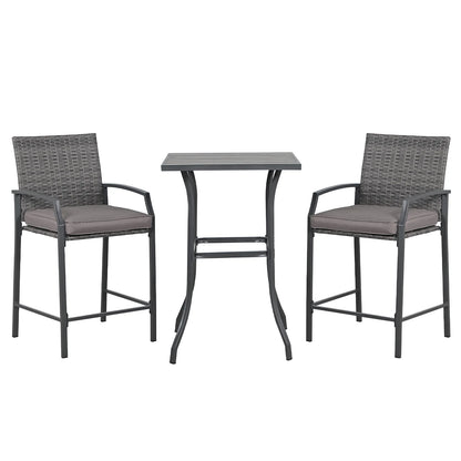 OC Orange-Casual Patio Bar Set, All-Weather Wicker, 2 Height Rattan Bar Stools with Wood Grain Top Coffee Table, for Porch, Garden, Bistro, Grey Cushion, 3-Piece