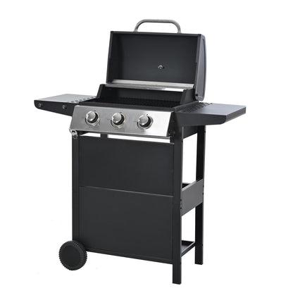 3 Burners BBQ Propane Gas Grill Side Burner & Thermometer, Stainless Steel 25,650 BTU Output Stainless Steel Grill for Patio Garden Barbecue Two Shelves (3-Burners Grill)