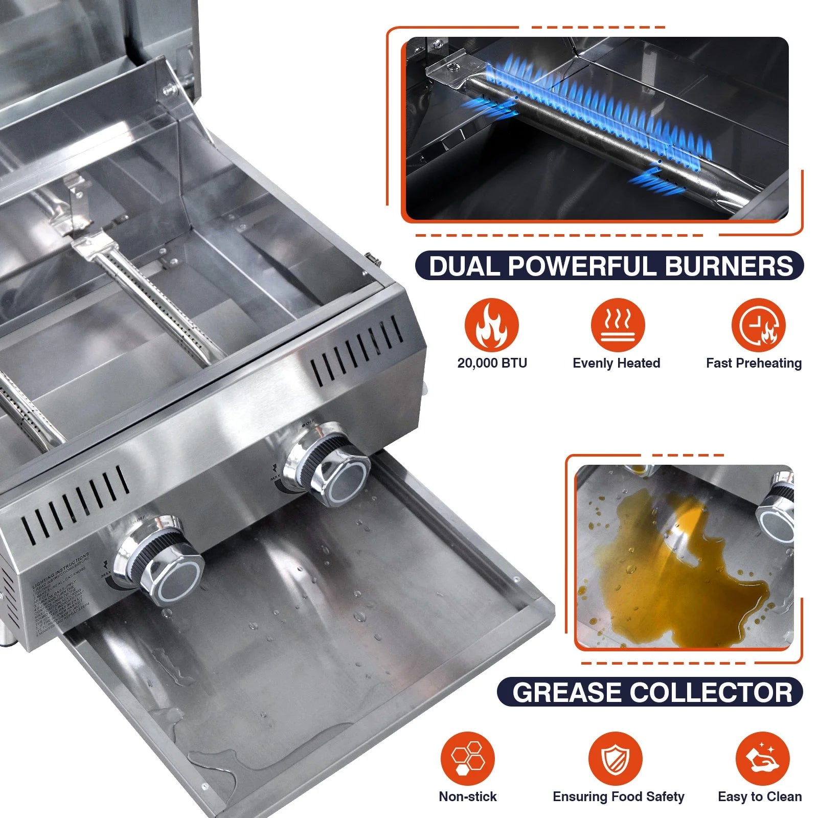 Portable 2-Burner Tabletop Propane Grill for Patio, 20,000 BTU, Stainless Steel, Camping & Tailgating