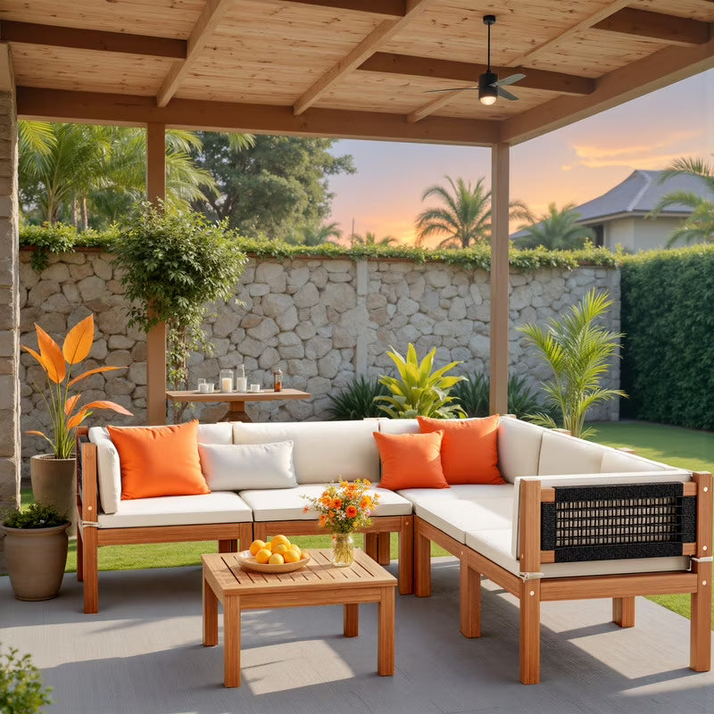 Devoko 7 pieces Patio Acacia Wood Sectional Sofa with CushionsOutdoor Furniture Set for Porch, Yard and Balcony