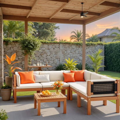 Devoko 7 pieces Patio Acacia Wood Sectional Sofa with CushionsOutdoor Furniture Set for Porch, Yard and Balcony