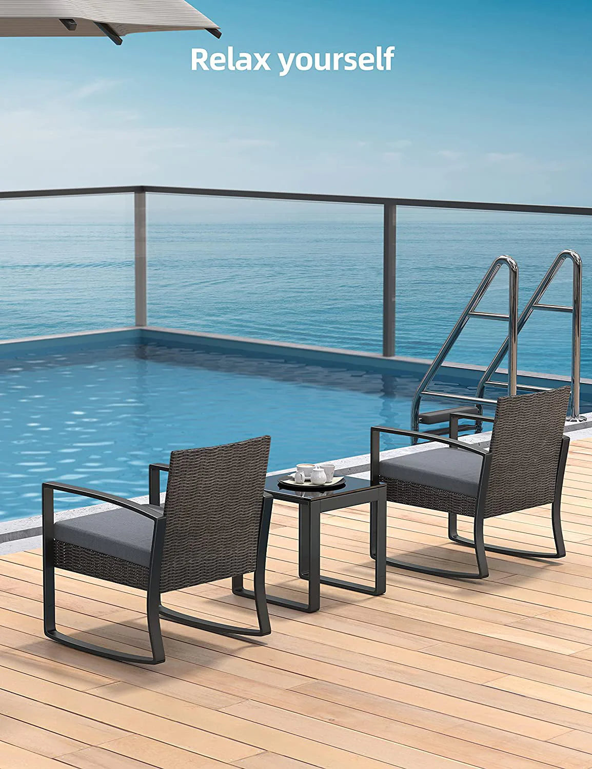 Lofka 3-Piece Patio Wicker Chairs Set with a Coffee Table, Balcony Furniture for Yard, Patio, Garden and Bistro, Gray Cushion