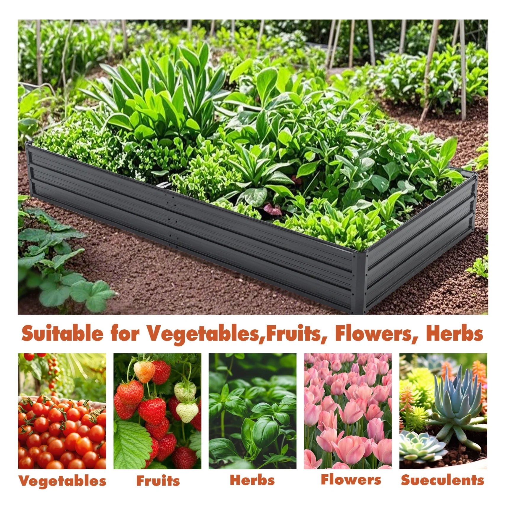 8X4x1 FT Galvanized Raised Garden Bed, Outdoor Planter Box Metal Patio Kit with Reinforcing Rod, Large Planting Bed for Vegetables Flowers Herb, Black