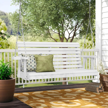 SUNCROWN Porch Swing 2-Seater, Wooden Outdoor Swing Bench with Cup Holder and Chains, 440 LBS Weight Capacity Outdoor Hanging Bench Swing for Patio & Garden (Brown)