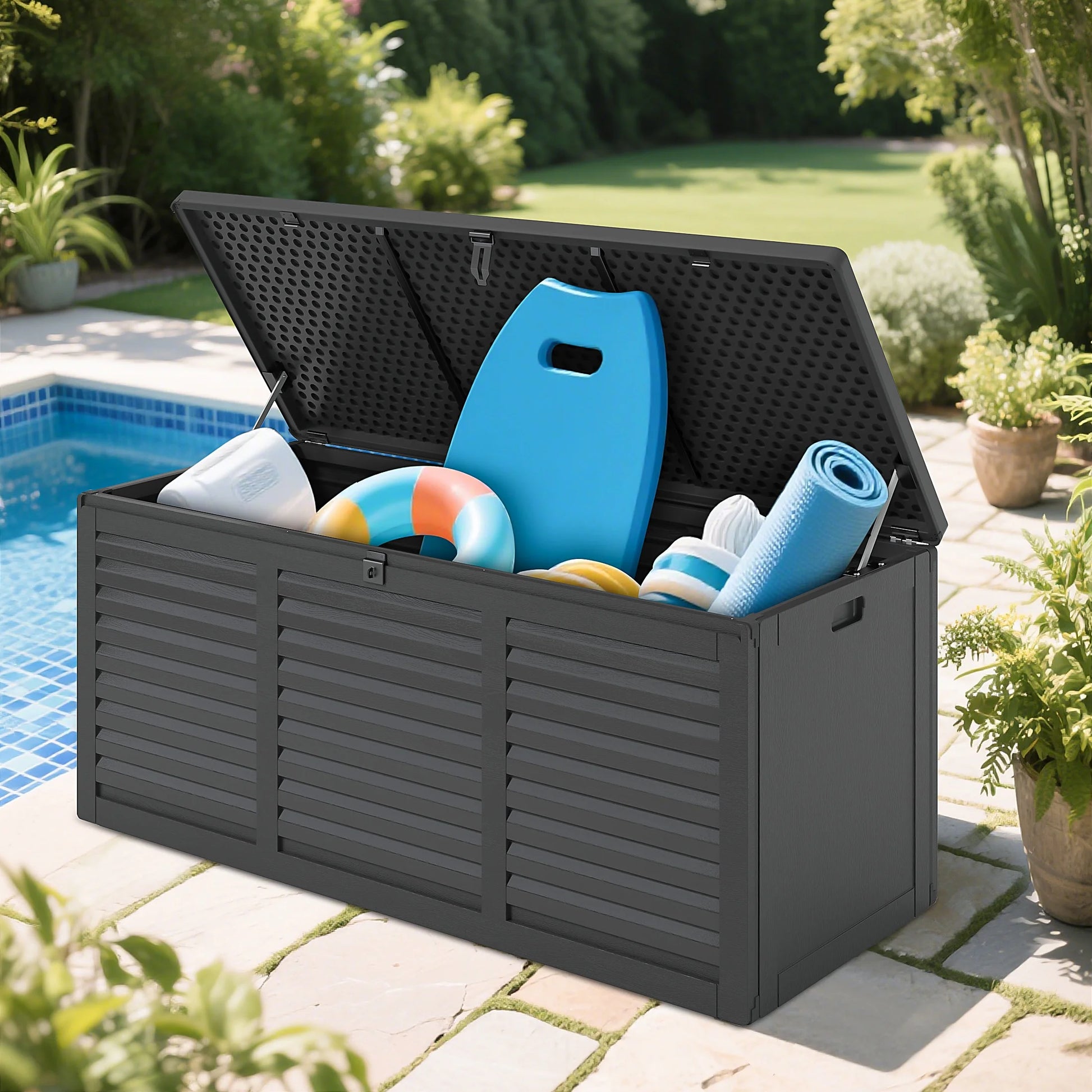 130 Gallon Resin Deck Box, Outdoor Lockable Storage Container for Patio Cushions, Garden Tools, Pool Supplies, Toys, Waterproof and UV Resistant, Reinforced Rib Design, Gray
