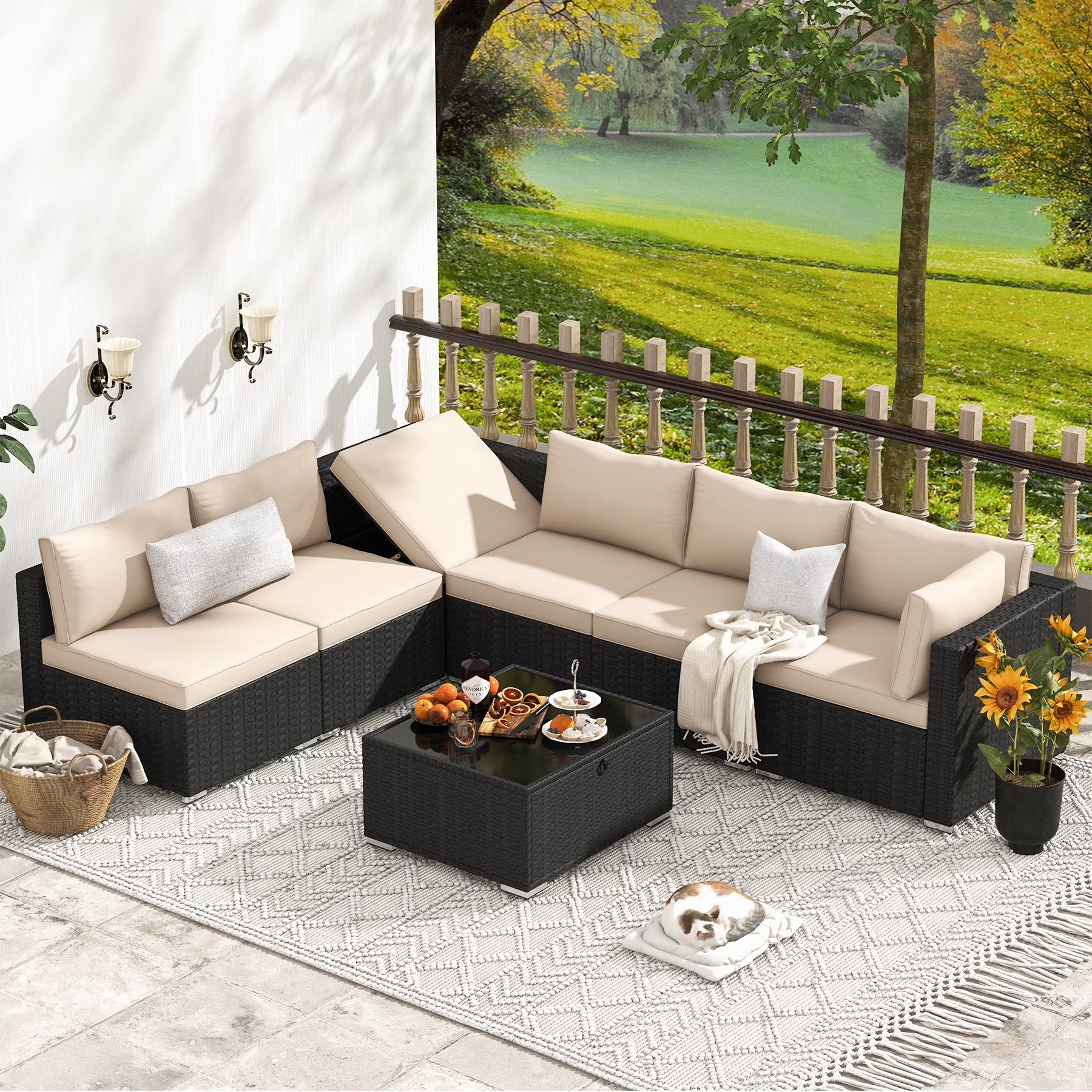 HOMREST 7 Pieces Outdoor Patio Furniture Set with 44" Propane Fire Pit Table, PE Rattan Sectional Sofa Conversation Set w/Adjustable Bracket,Wood Coffee Table for BackyardGrey
