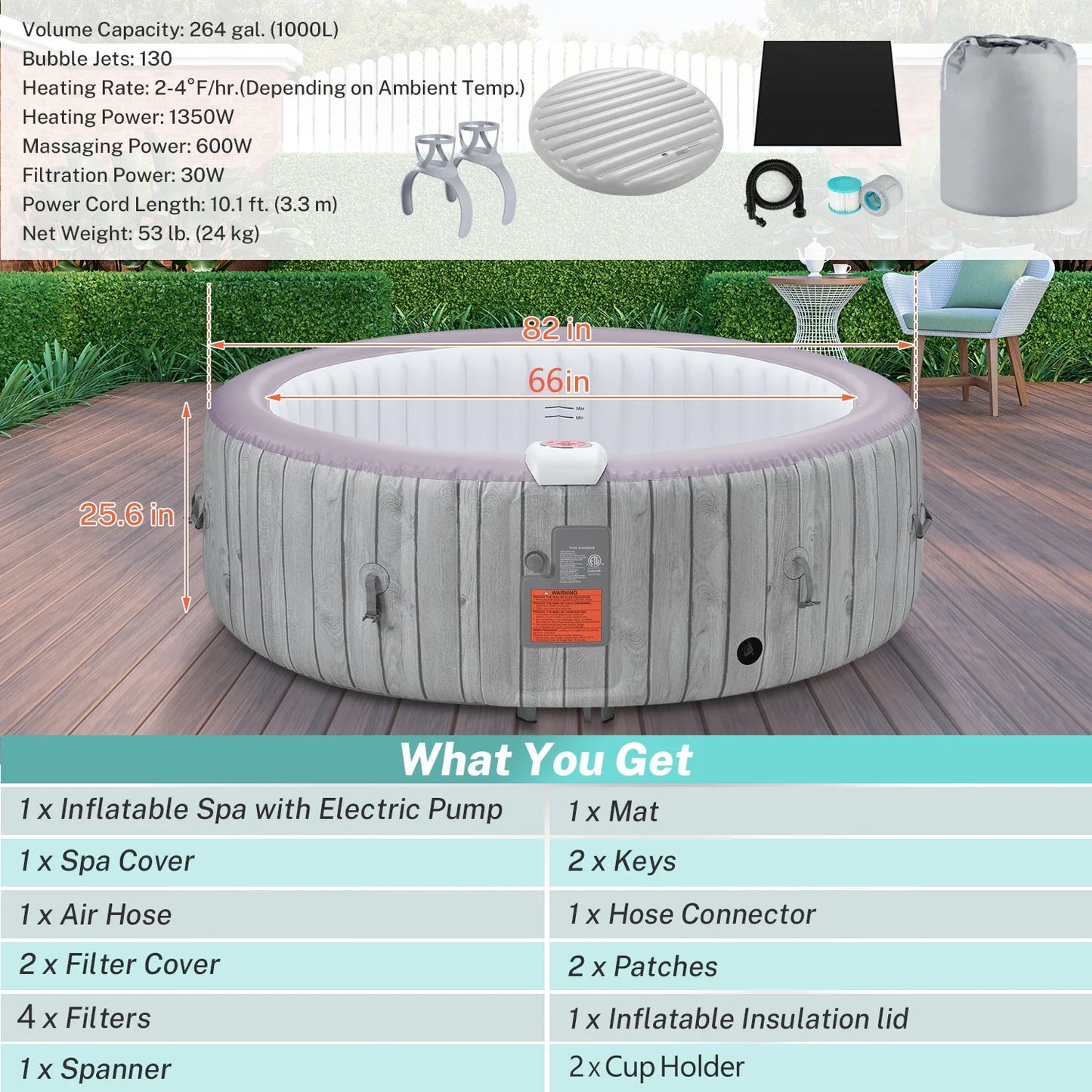 6-8 Person Portable Hot Tub, 82in Inflatable Home Spa Tub with Cup Holders, 4 Filters, 130 Massage Jets, Patio Hot Tub with Storage Bag Lockable Cover Floor Mat, Max 104° F
