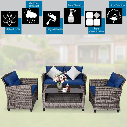 Gymax 4PCS Rattan Furniture Set Coffee Table Cushioned Sofa Garden Lawn Patio Navy