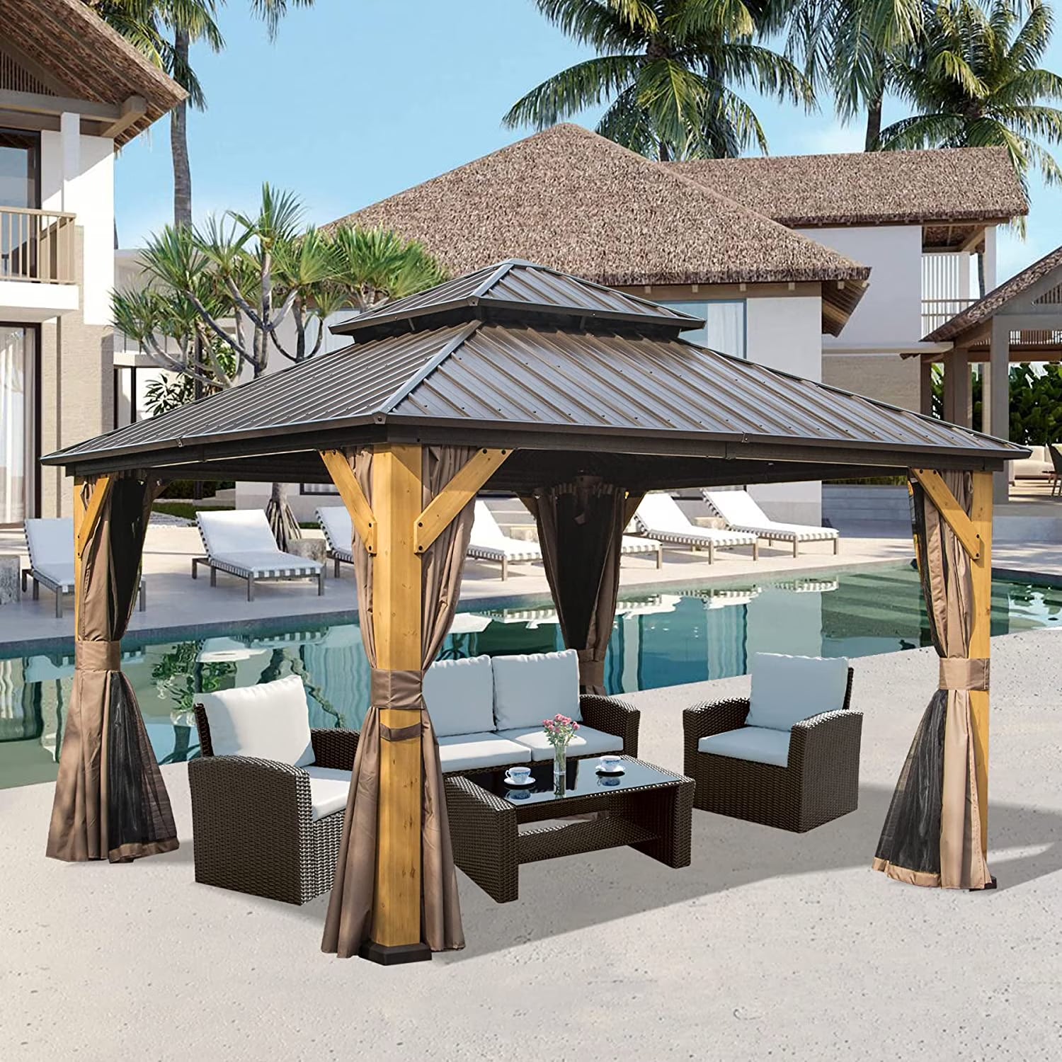 Domi 12x20 ft Wood Gazebo, Cedar Wood Frame Hardtop Gazebo with Galvanized Steel Double Roof, Outdoor Gazebo with Netting and Curtains, Patio Gazebo Pergola Pavilion for Patio, Backyard, Deck, Lawns