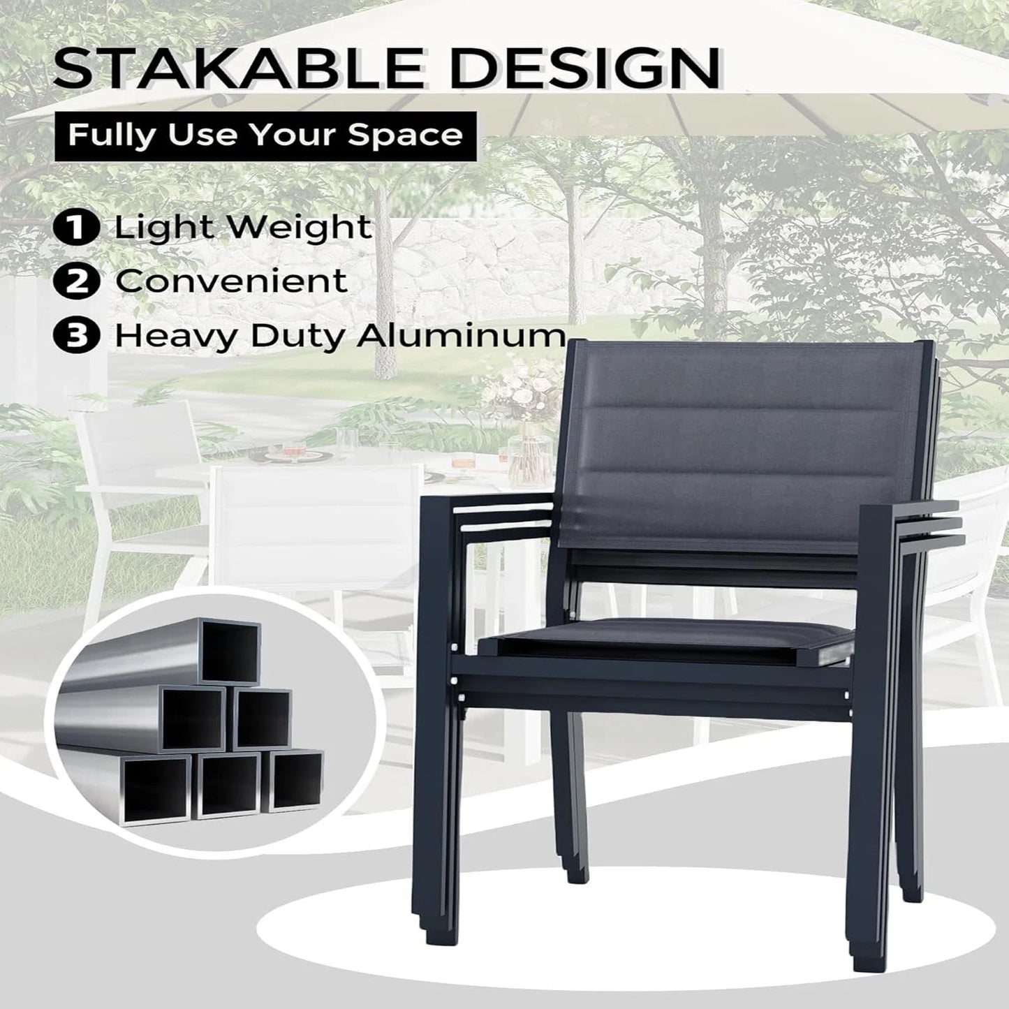 2 Piece Metal Patio Stackable Dining Chairs Set,Ventilated Material Stackable Outdoor Chairs Textilene Fabric Outdoor Aluminum Stacking Dining Chair Patio Dining Chairs