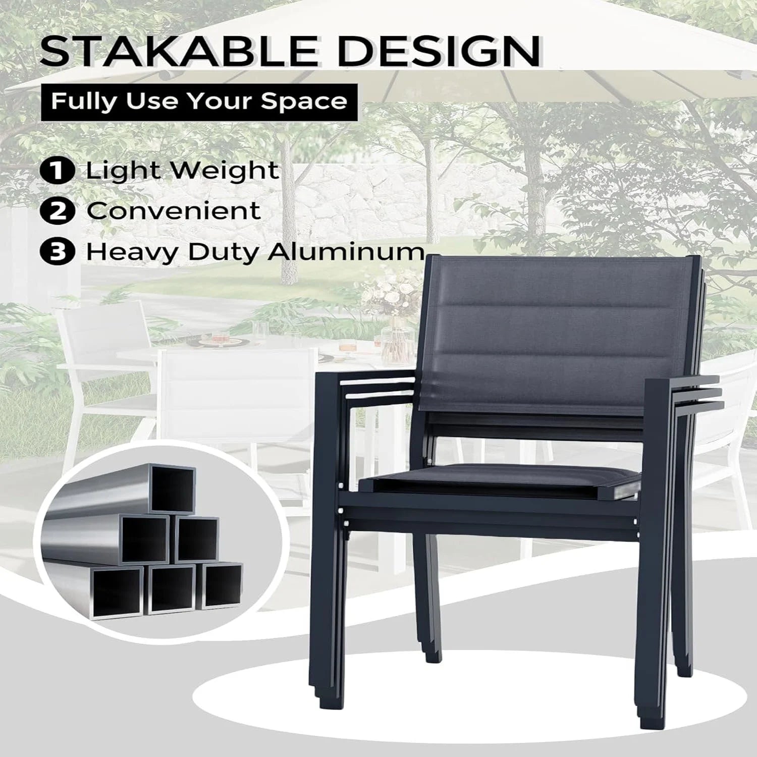 2 Piece Metal Patio Stackable Dining Chairs Set,Ventilated Material Stackable Outdoor Chairs Textilene Fabric Outdoor Aluminum Stacking Dining Chair Patio Dining Chairs