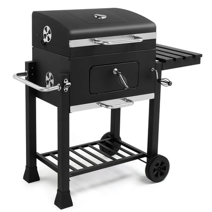 Seizeen Charcoal Grill, 42.5''H Portable BBQ Grill on Wheels, Heavy-duty Outdoor Grill w/2 Grill Area, Adjustable Pan & Foldable Side Table, Picnic Patio Garden and Backyard Grilling