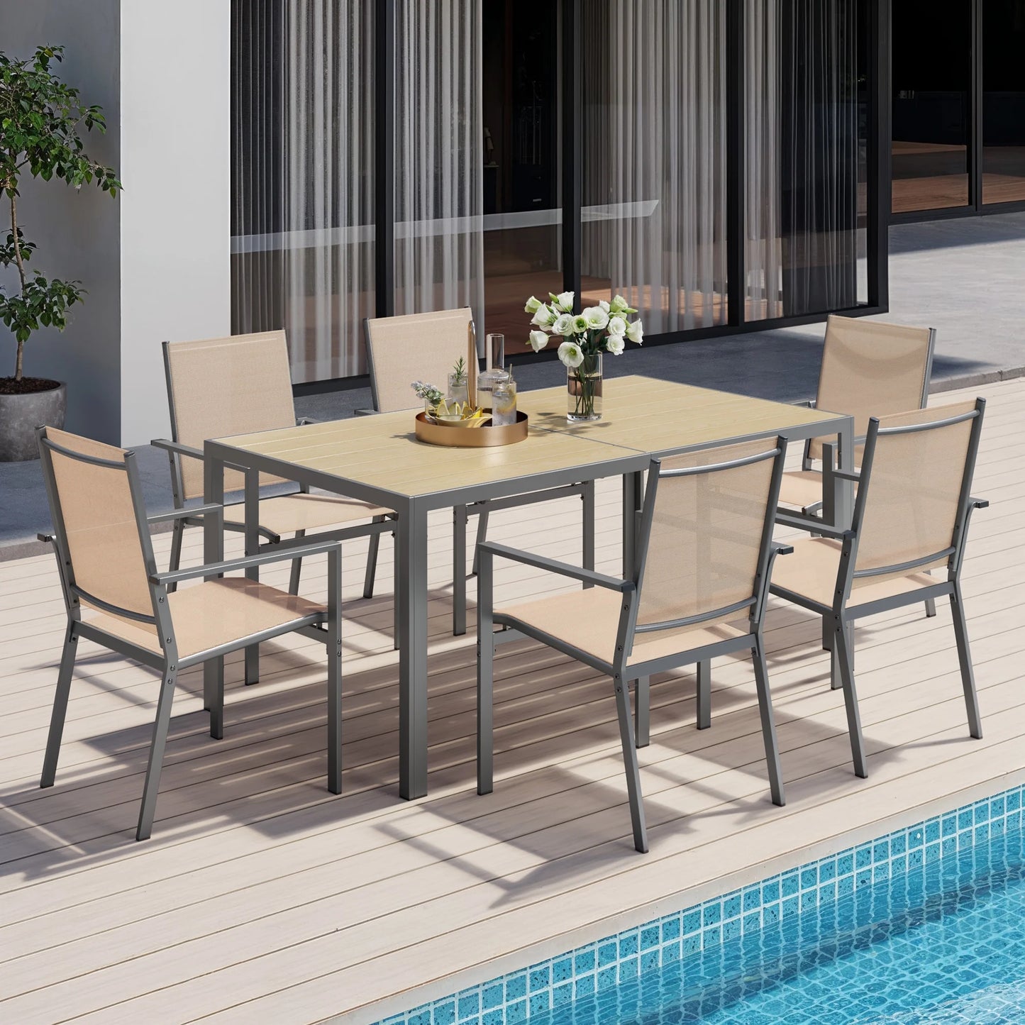 Outdoor Dining Set, Lofka 7 Piece Patio Dining Table Set for 6 Persons with Cool Textilene Armchairs for Backyard & Garden, Brown
