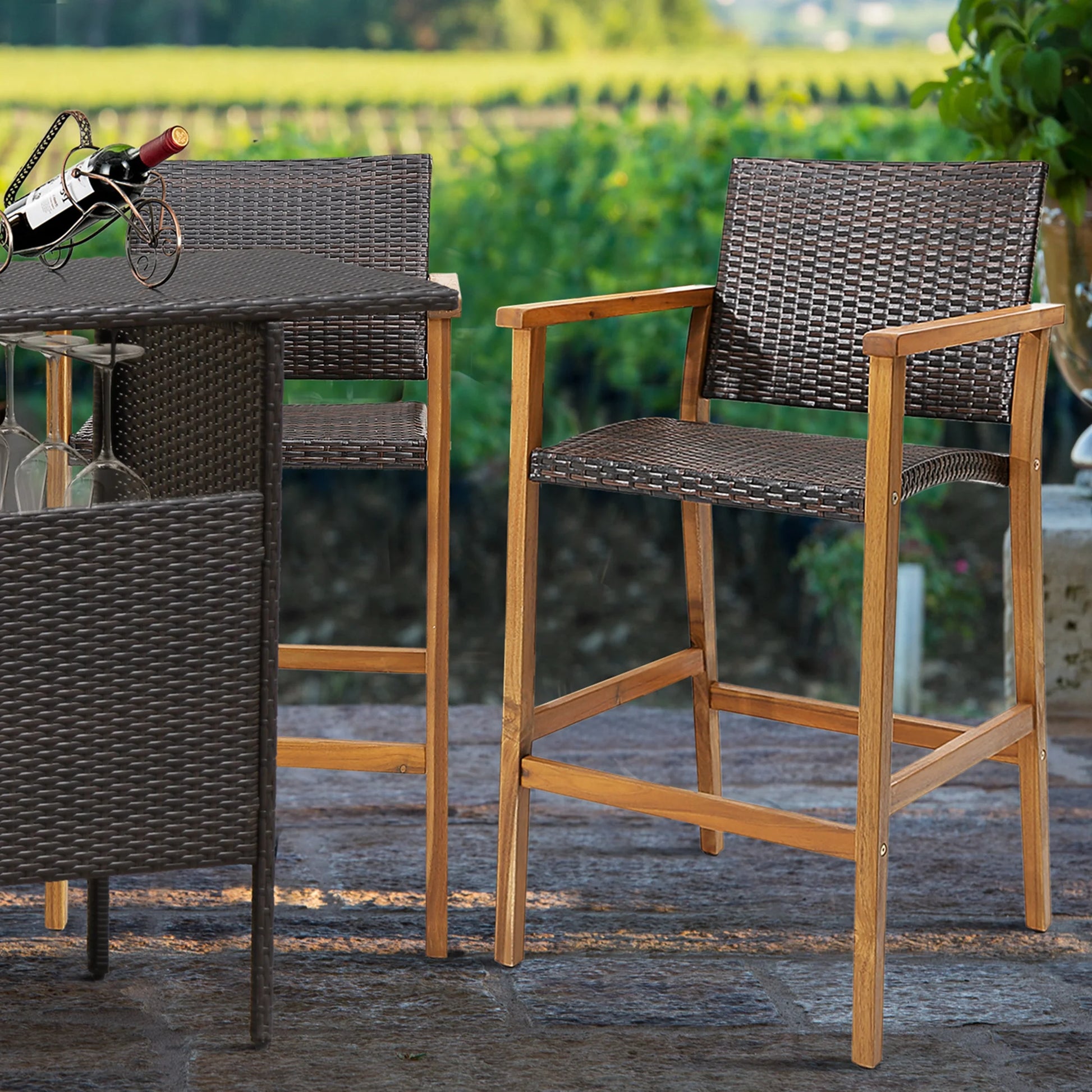Costway 4PCS Patio PE Wicker Bar Chairs Height Barstools with Acacia Wood Armrests Balcony