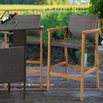 Costway 4PCS Patio PE Wicker Bar Chairs Height Barstools with Acacia Wood Armrests Balcony