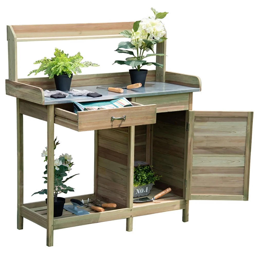 Spaco Outdoor Garden Wooden Work Station Potting Bench, Outdoor Patio Furniture Hardwood Potting Bench, Natural