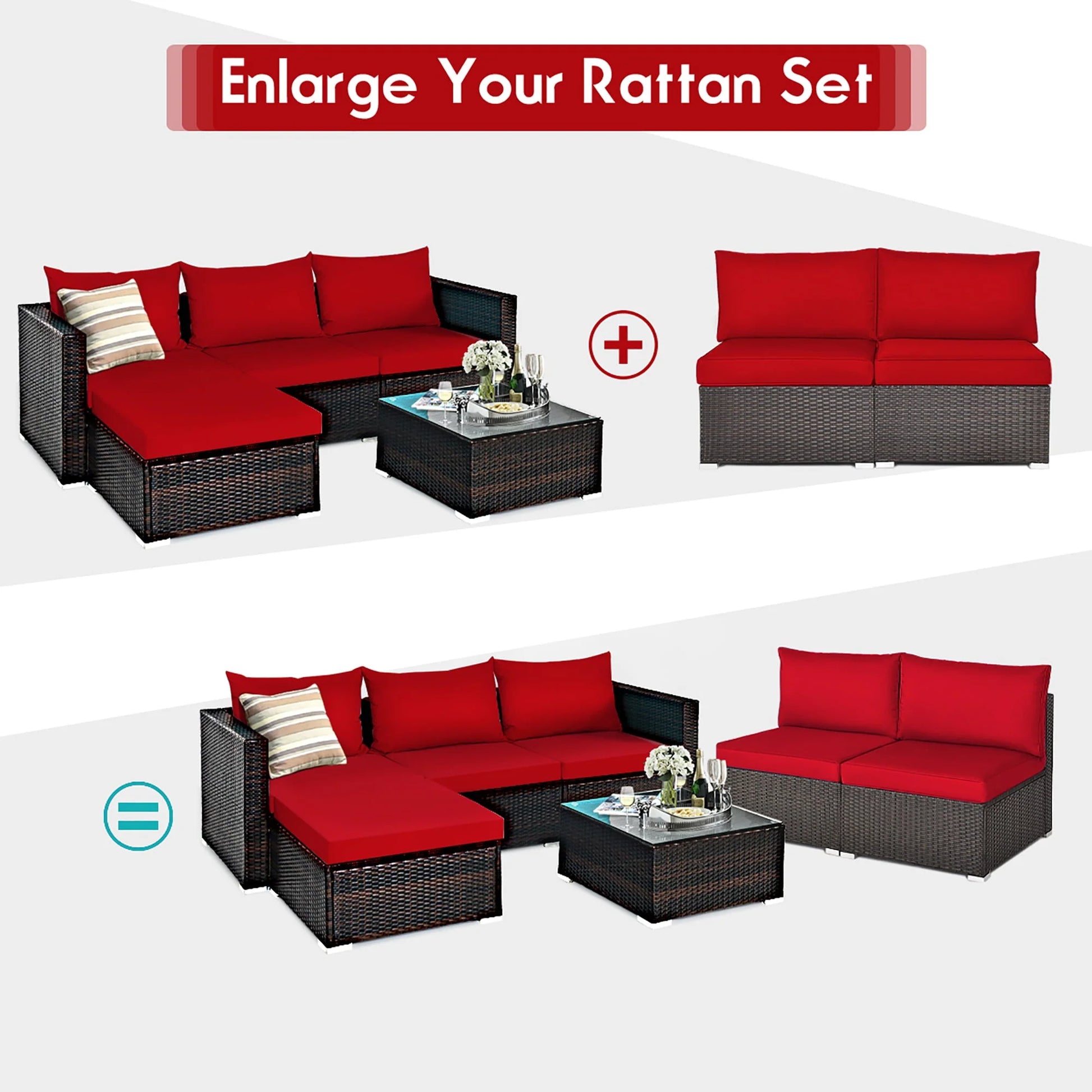 Costway 2PCS Patio Rattan Armless Sofa Sectional Conversation Furniture Set W/Cushion Red