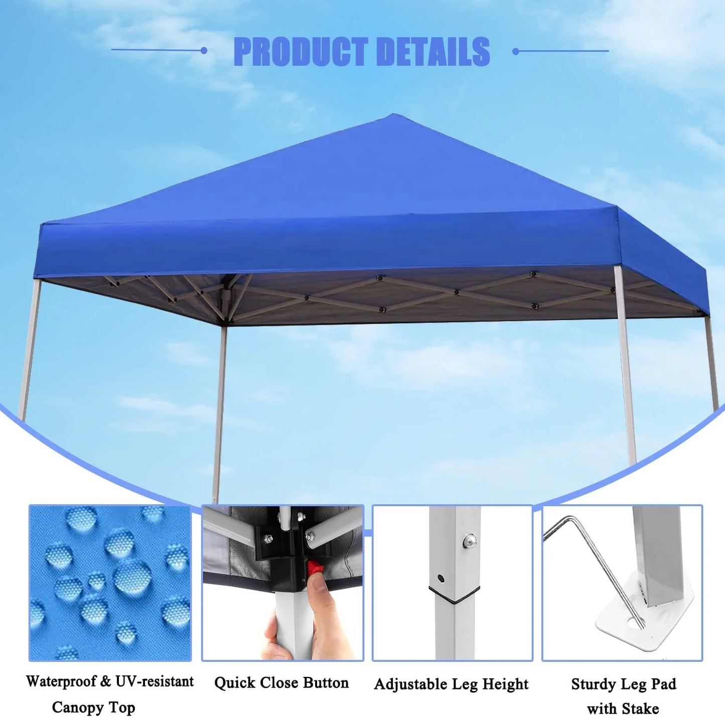 Canopy Tent, 10X10 FT Outdoor Pop Up Canopy Slant Legs Gazebo Shelter for Patio Deck Garden and Beach - 8X8 Canopy Top (Blue)