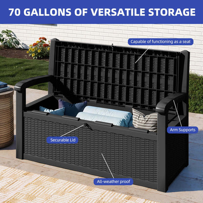 ModFusion 70-Gallon Outdoor Resin Storage Cabinet with Rattan Backrest - Waterproof Patio Bench Seat, 500 lbs Capacity, Black