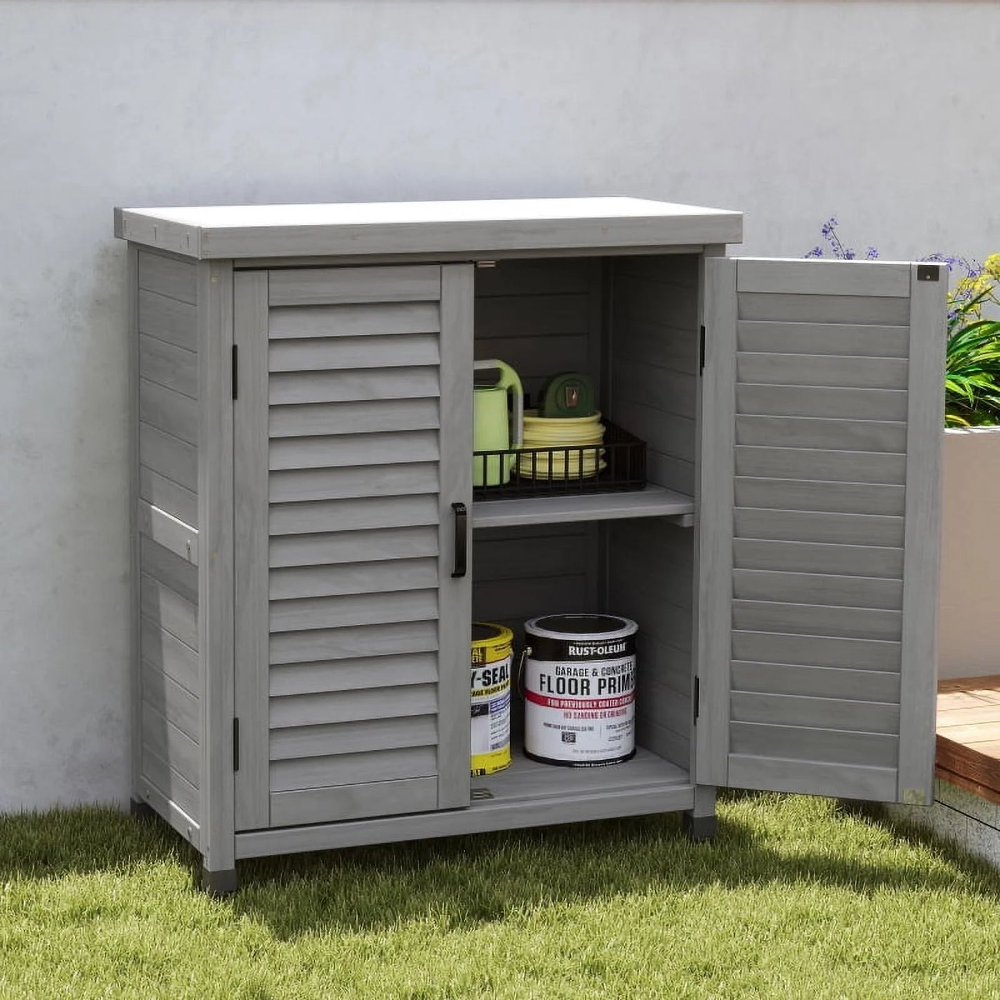 Potting Bench with Storage Cabinet and Metal Table Top for Outdoor Patio, Garden Furniture Wood Workstation Grey 31.5x17x36''